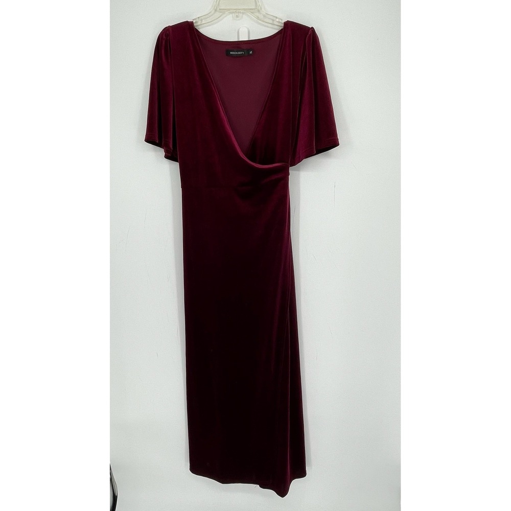 MEROKEETY Women's Burgundy Velvet Faux Wrap Flutter Sleeve Maxi Dress Size XL